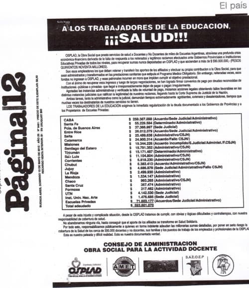 Solicitada OSPLAD: A los trabajadores de la educación, ¡Salud!