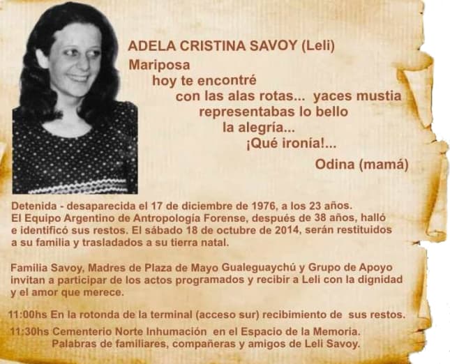 Acto de restitución de los restos de Leli Savoy en Gualeguaychú