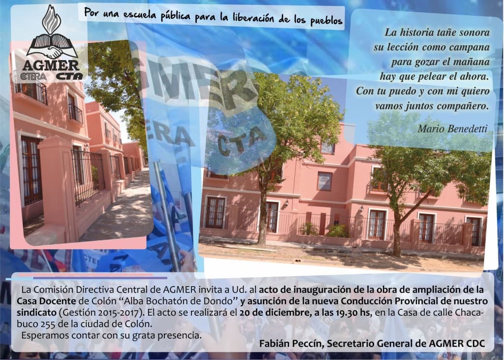 El sábado 20 se inaugura la obra de ampliación de la Casa Docente en Colón
