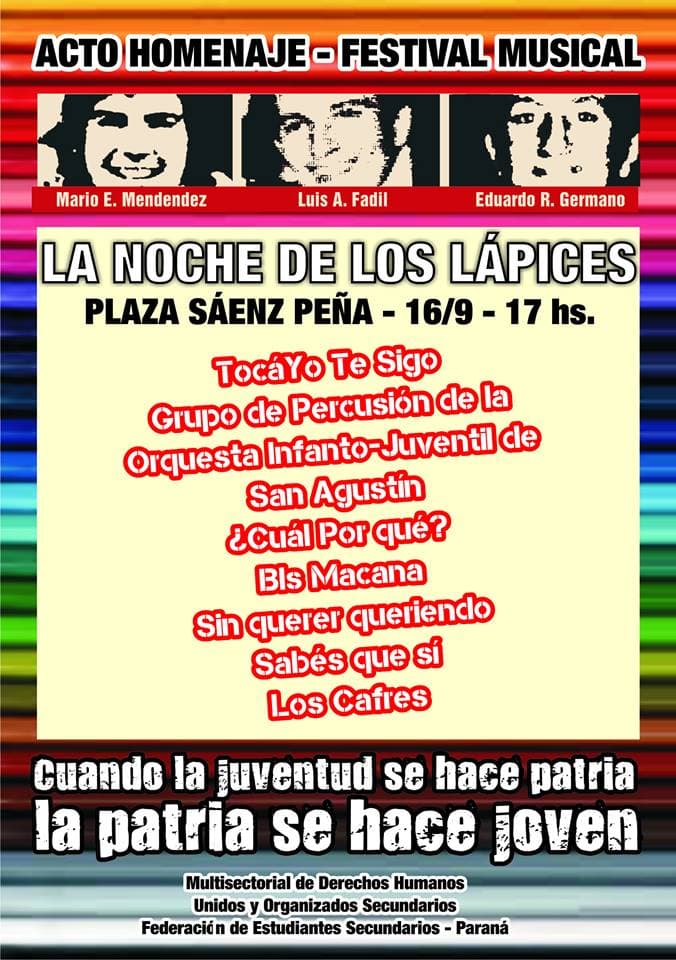 Invitan a recordar la Noche de los Lápices con un festival en la Plaza Sáenz Peña