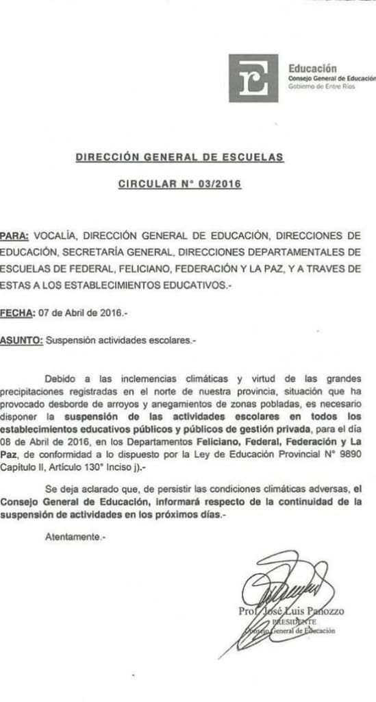 Por inclemencias en el norte de la provincia: se suspenden actividades escolares del 8 de abril