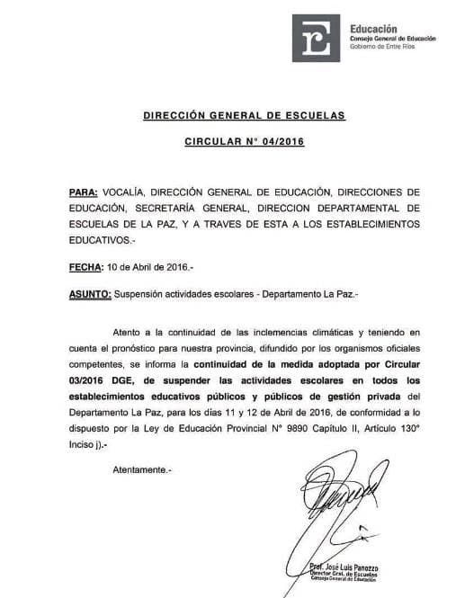 Se suspendieron las actividades escolares en La Paz y Feliciano