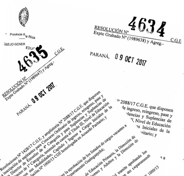 Resoluciones que aprueban los cargos vacantes de Gualeguay y Gualeguaychú