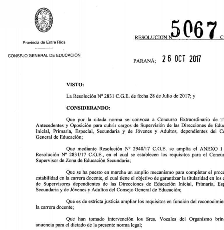 Resolución 5067/17 CGE – Modifica requisitos para concurso de Supervisor de Secundaria