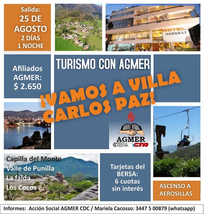 Turismo: a Carlos Paz, con AGMER. Nuevos lugares de salida