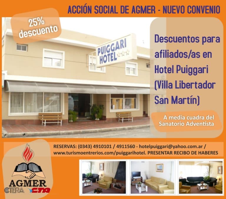 Importantes descuentos para afiliados de AGMER en el Hotel Puiggari