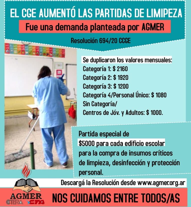 El CGE incrementó las partidas de limpieza que demandó AGMER
