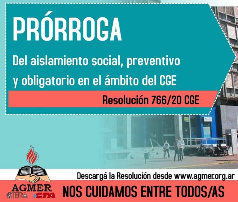 Resolución 766/20 CGE: Prórroga del aislamiento social obligatorio