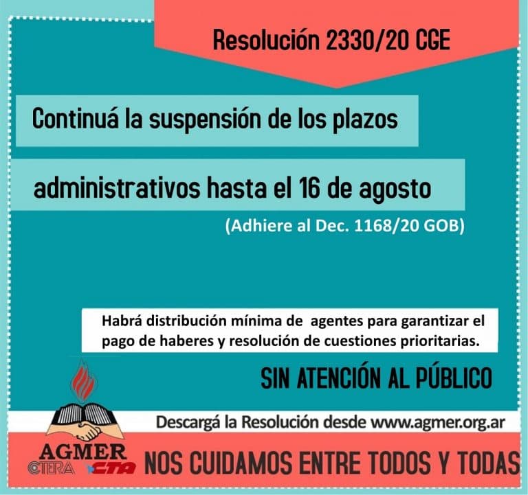 Resolución 2330/20 CGE: Continúa la suspensión de plazos administrativos hasta el 16/08