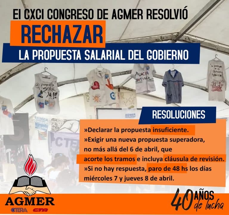 El Congreso de AGMER declaró «insuficiente» la propuesta del Gobierno y exige una superadora