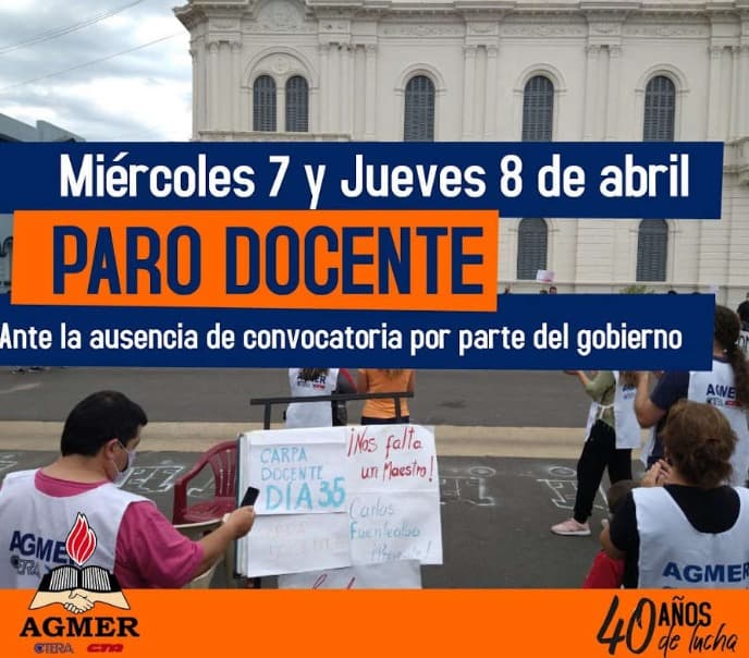 Ante la ausencia de convocatoria por parte del gobierno, AGMER ratifica la realización de los paros del 7 y 8 de Abril