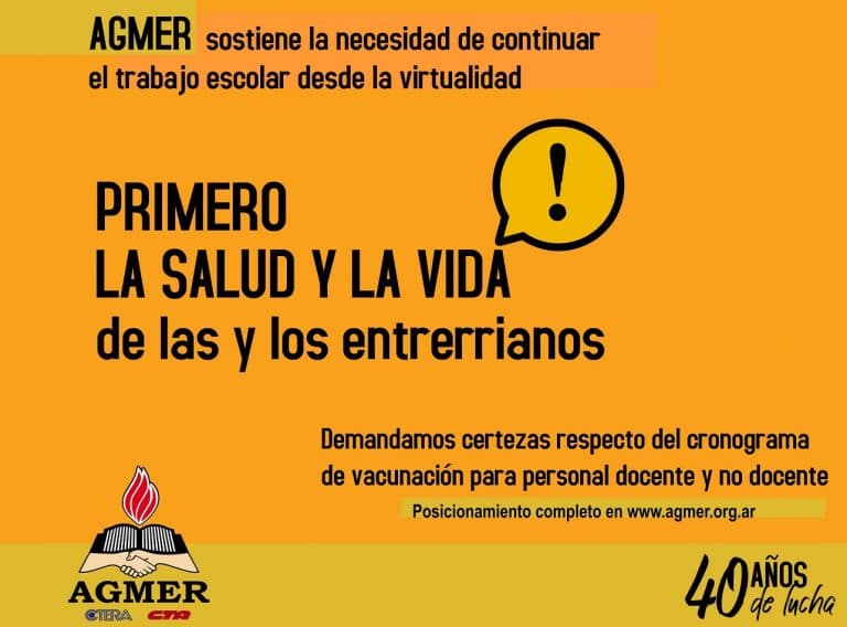 AGMER sostiene la necesidad de continuar el trabajo escolar desde la virtualidad. Primero la salud y la vida de las y los entrerrianos