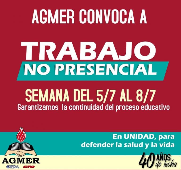 AGMER convoca al trabajo desde la no presencialidad para la semana del 5/07 al 8/07