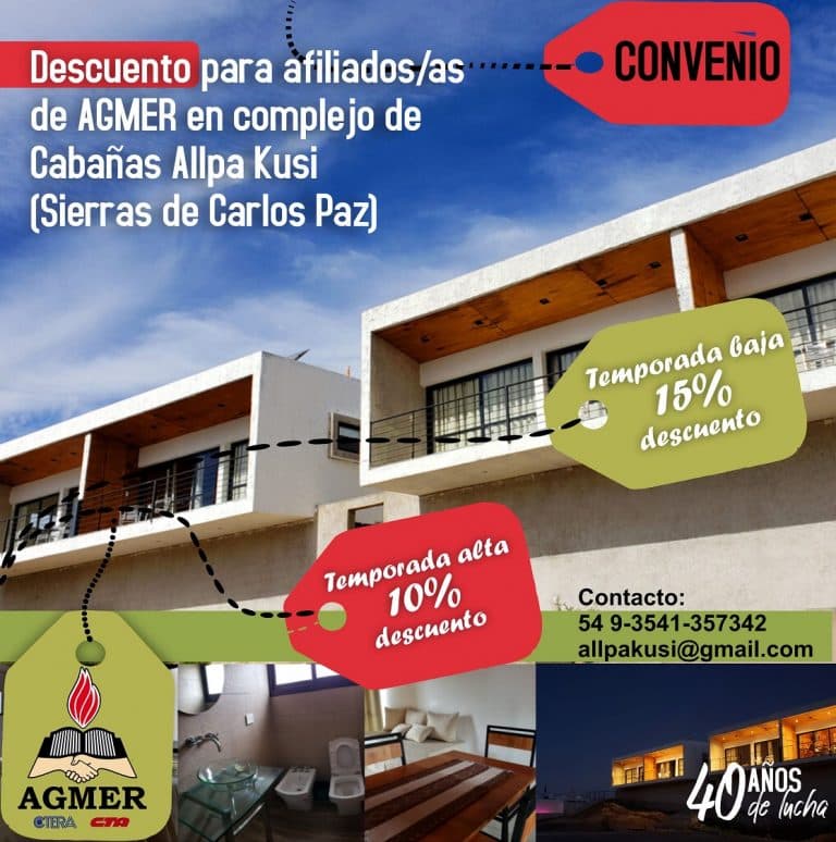 Nuevo convenio. Descuento para afiliados/as en Complejo de Cabañas (Sierras, Carlos Paz)