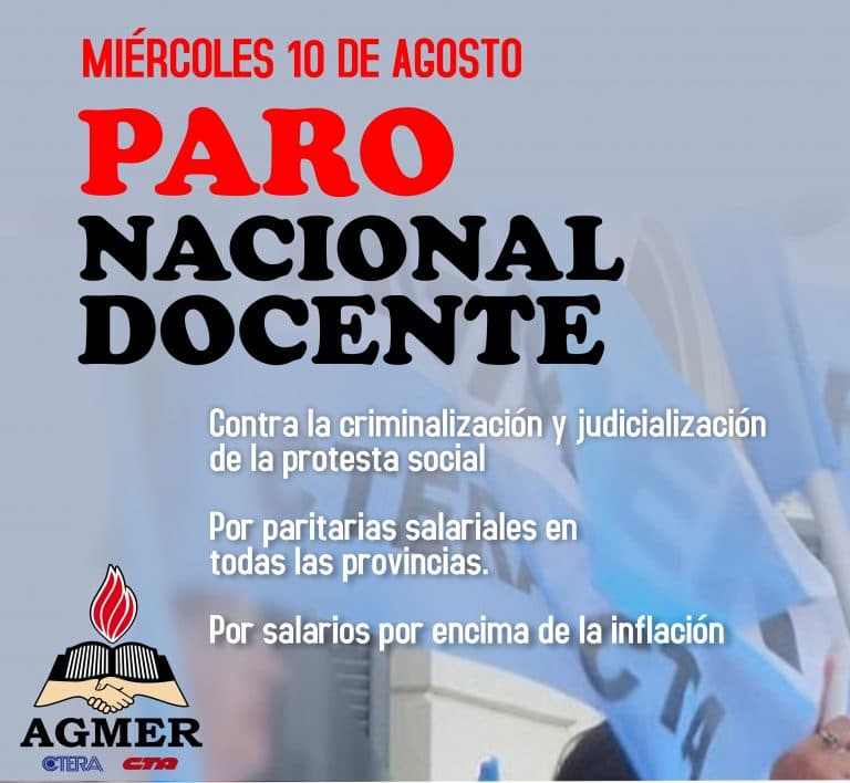AGMER llevará adelante el Paro Nacional este miércoles 10 de agosto