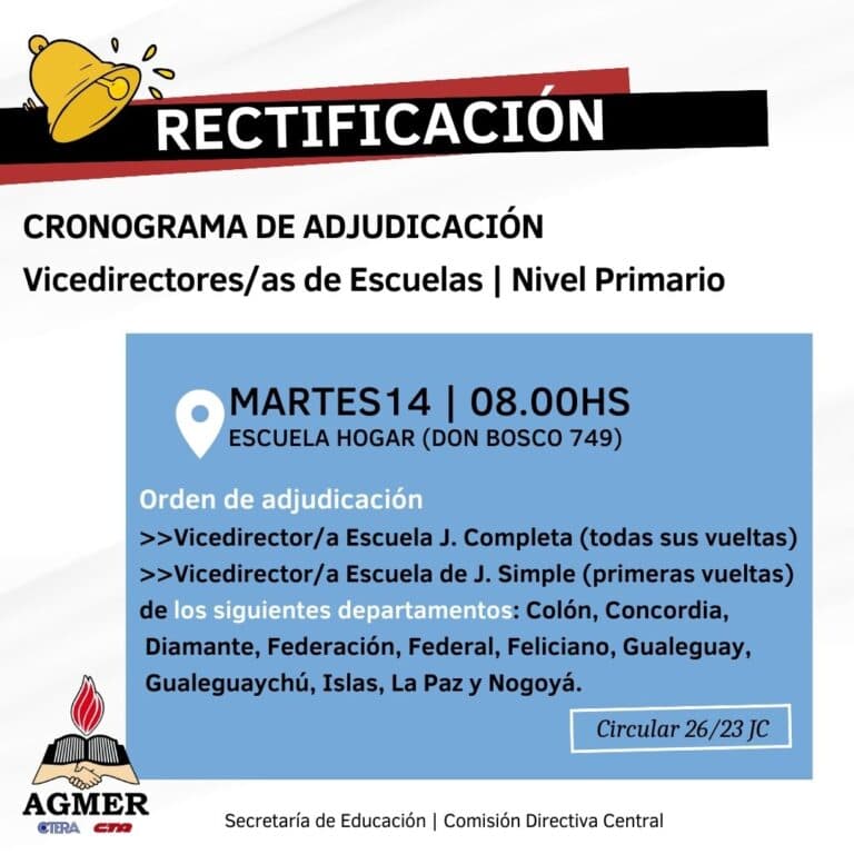 Rectificación del cronograma de adjudicación de cargos de Vicedirección de Nivel Primario