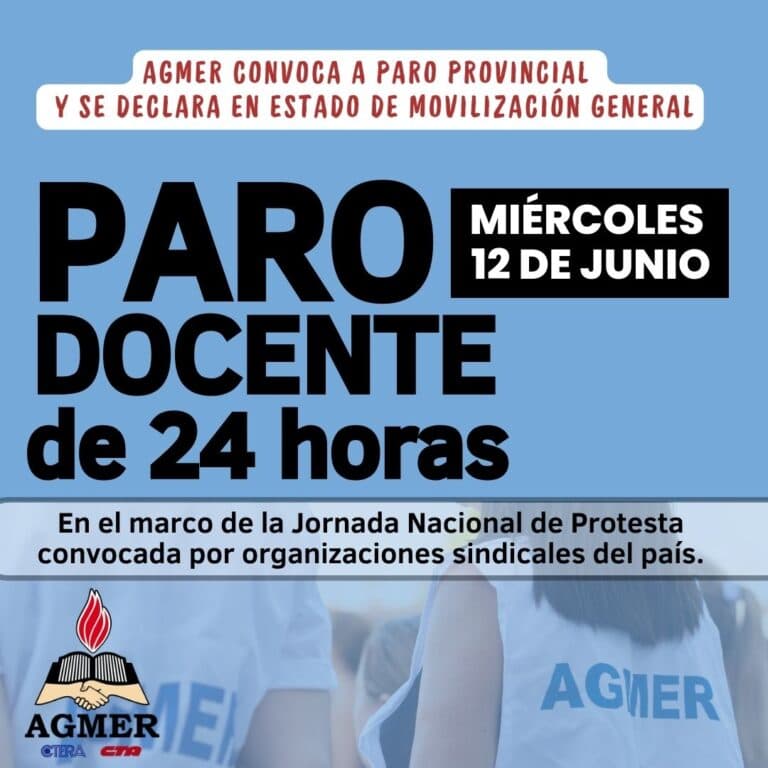 AGMER realizará un paro este 12 de junio y se declara en estado de movilización general