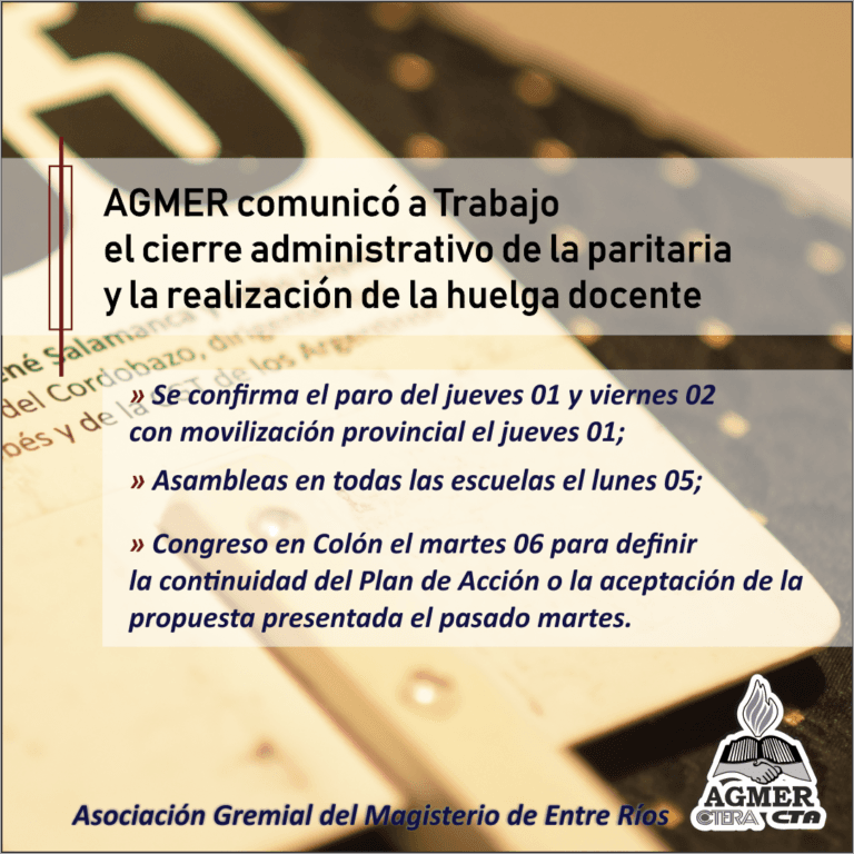 AGMER comunicó a Trabajo el cierre administrativo de la paritaria y la realización de la huelga docente