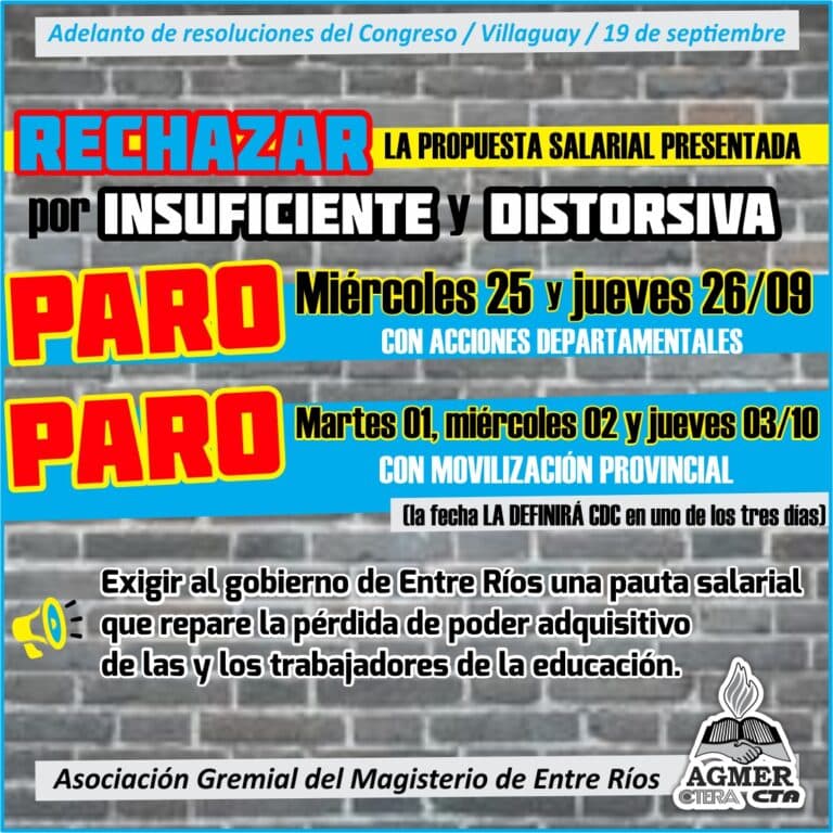 El Congreso de AGMER rechazó la propuesta: las y los docentes vamos al PARO