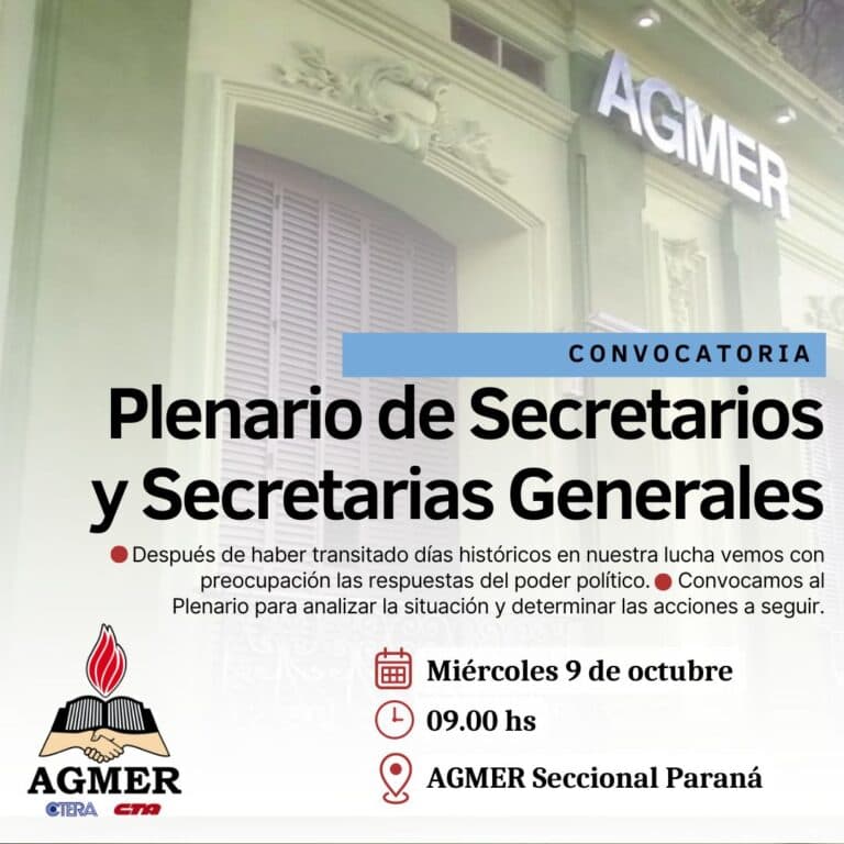 AGMER reunirá el plenario de Secretarios/as Generales de la provincia