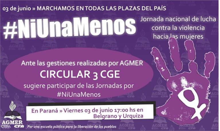 Ante las gestiones de AGMER: Circular 03 sugiere participar de #NiUnaMenos