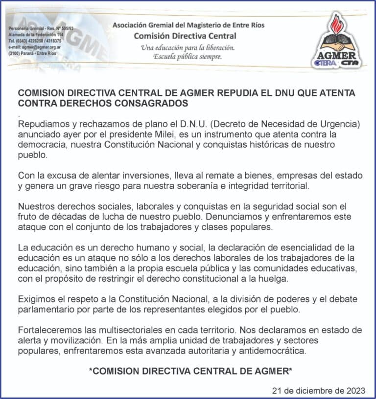 La Comisión Directiva Central de AGMER repudia el DNU que atenta contra derechos consagrados