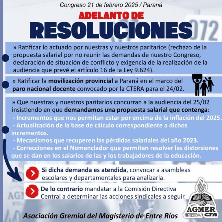 El Congreso de AGMER ratificó el paro y movilización del lunes y las demandas para la audiencia del martes